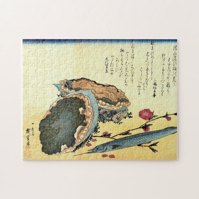 Sayori & Awabi (Halfbeak, Abalone) Hiroshige Fish Pussel (Horisontell)