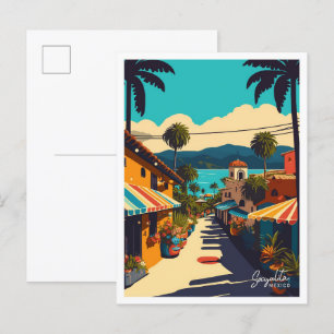 Sayulita Mexico Art Travel Vintage illustration Vykort