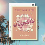 Sayulita Mexico Retro Vintage Party vykort<br><div class="desc">Sayulita Mexico Retro Vintage Design med ett disco boll i rosa och aprikopersikor. Detta vackra vykort är ett hälsningskort för perfekten för invånare,  besökare,  turister eller fläkt i Sayulita Mexiko.</div>
