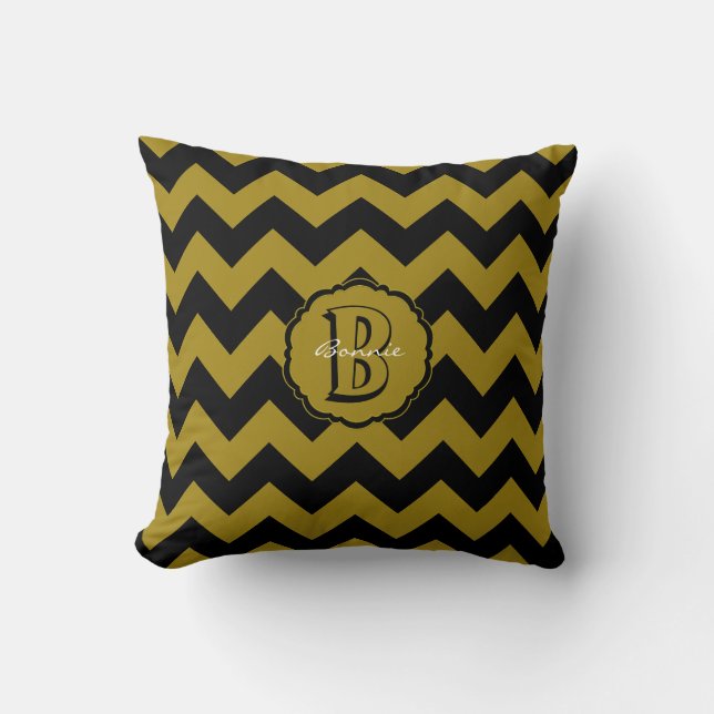 SC Monogram Chevron,Black-Guld B Square Pillow Kudde (Framsida)