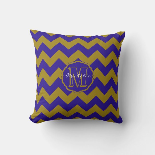 SC Monogram Chevron, Blue-Guld Square Pillow Kudde (Framsida)