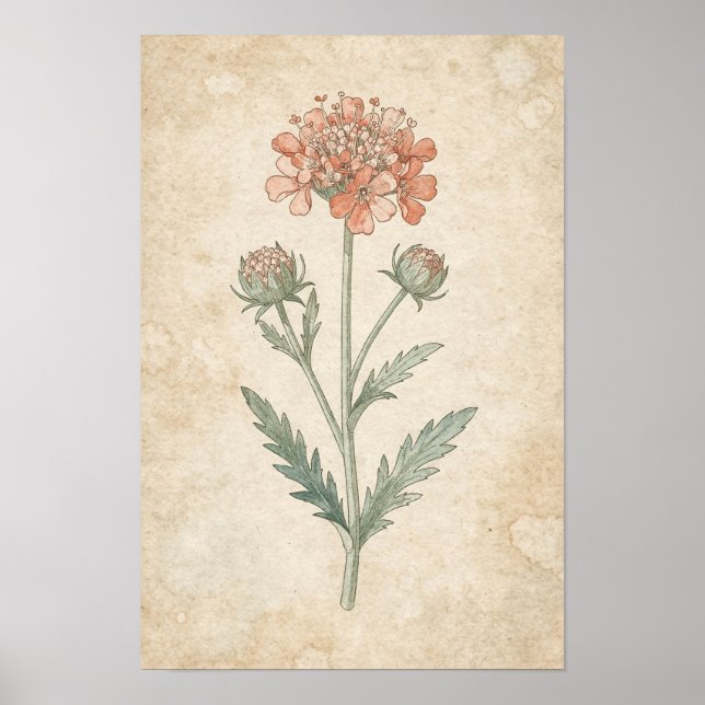 Scabiosa Botaniskt Tryck | Mjuk Rosa Blomma Studie (Framsidan)
