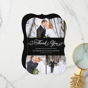 Scallop Band Elegant Script Bröllop 3-foto Tack Kort