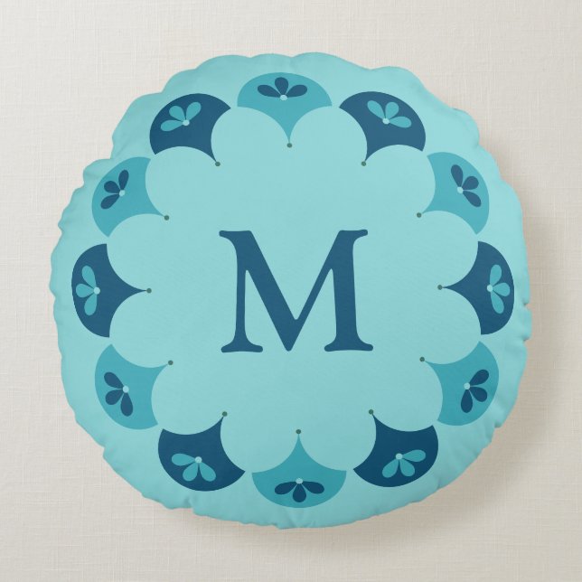 Scallop Blommigt Anpassningsbar Färg Monogrammed Rund Kudde (Framsidan)