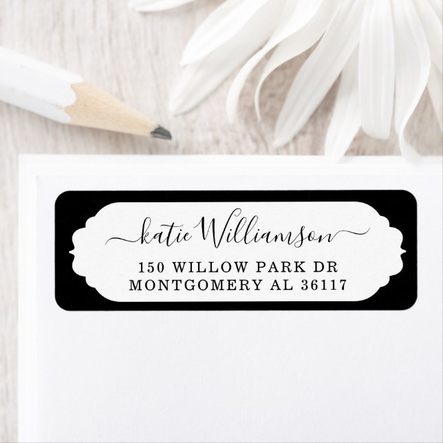 Scallop Ram Personlig Calligraphy Black Returadress Etikett (Insitu)