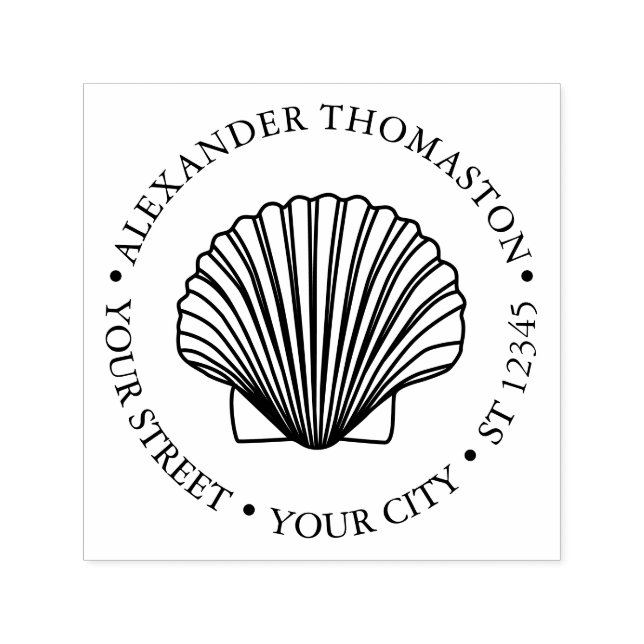 Scallop-Snäcka #3 Seashore Beach Round Namn Adress Självfärgande Stämpel (Design)