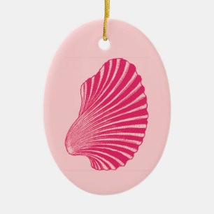 Scallop Snäcka Block Print, Fuchsia och Blek Rosa Julgransprydnad Keramik