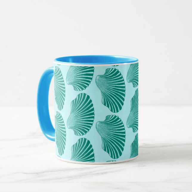 Scallop Snäcka Block Print, Turcos och Aqua Mugg (Framsida vänster)
