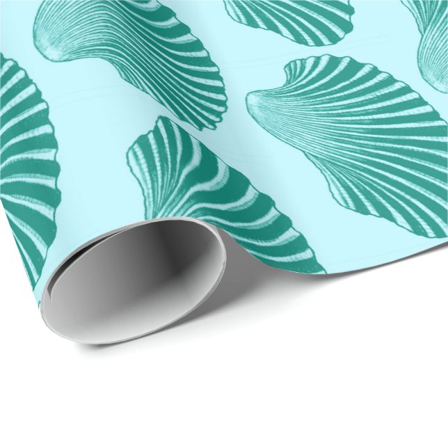 Scallop Snäcka Block Print, Turcos och Aqua Presentpapper (Rullad Hörn)