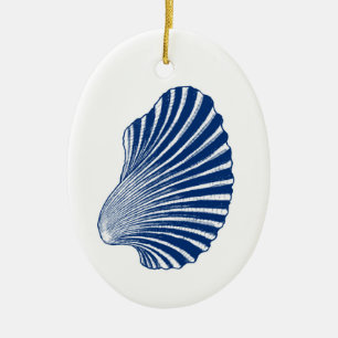 Scallop-Snäcka Blockera utskrift, Indigo och White Julgransprydnad Keramik