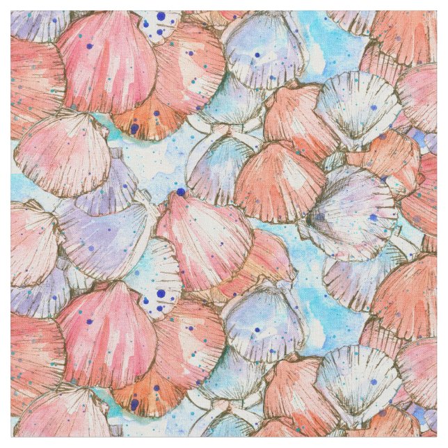 Scallop Snäckor Bläck Teckning Watercolor Tyg (Närbild)
