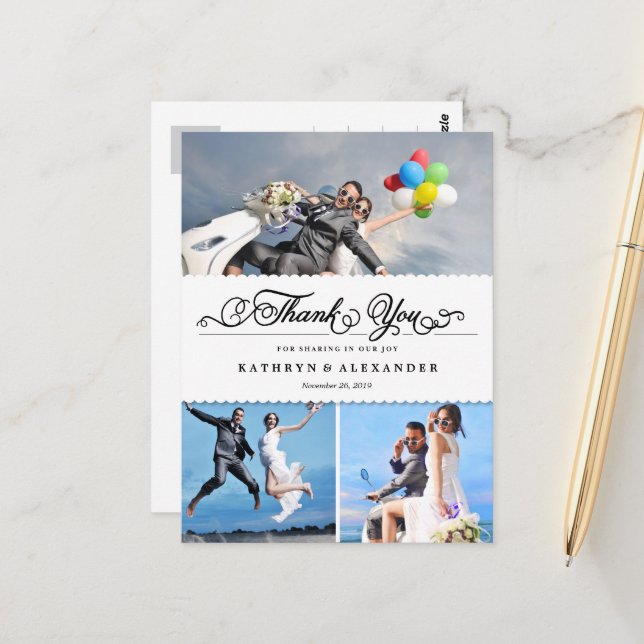 Scalloped Band och Script Photo Bröllop Tack Vykort (Fram/Back In Situ)