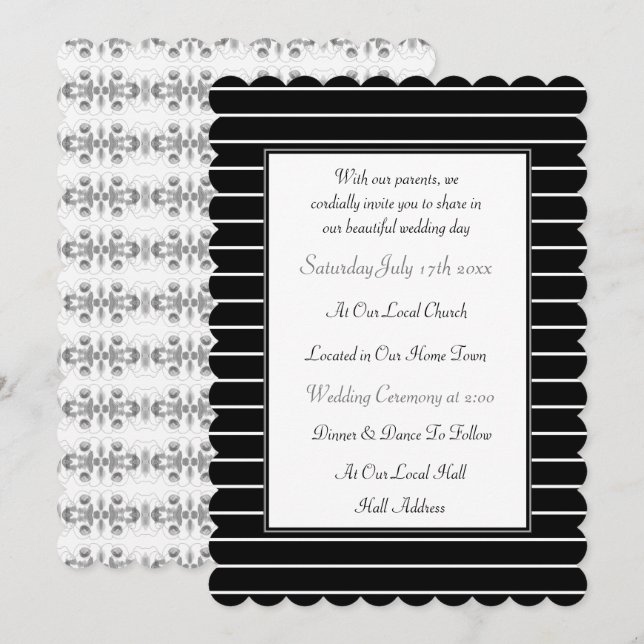 Scalloped Black and White Wedding-inbjudan Inbjudningar (Fram/baksida)