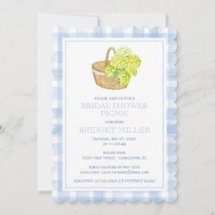Scalloped Blue Gingham Hydrangea Flower Basket Inbjudningar