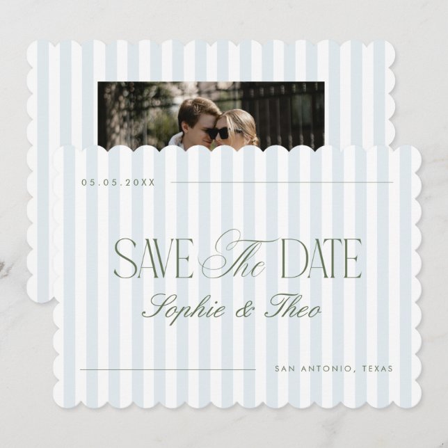 Scalloped Coastal Blue Sage Green Stripes Wedding Spara Datumet (Fram/baksida)