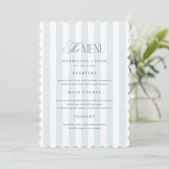 Scalloped Edge Timeless Blue Stripes Menu Card Inbjudningar (Stående Fram)