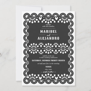 Scalloped Mexico Papel Picado Blommigt Black Bröll Inbjudningar