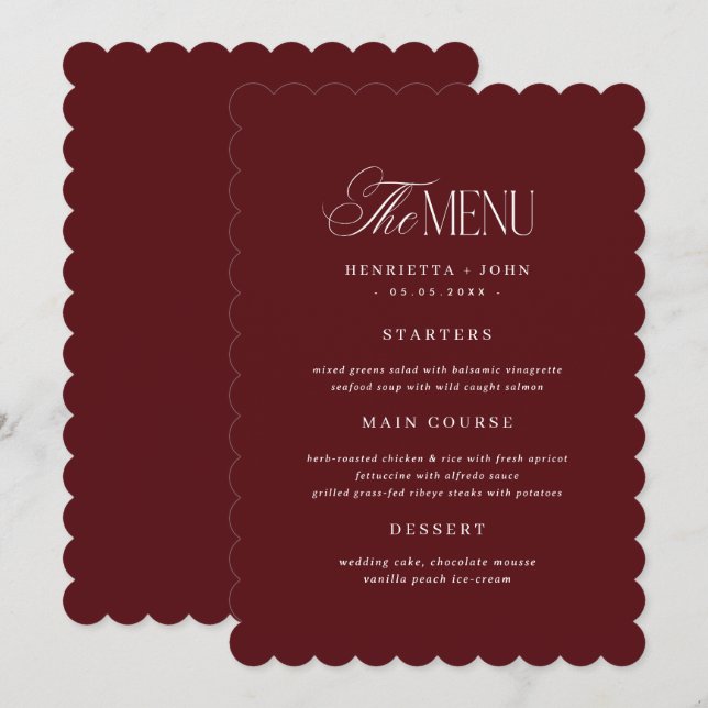 Scalloped Old Money Burgundy Wedding Menu Card Inbjudningar (Fram/baksida)