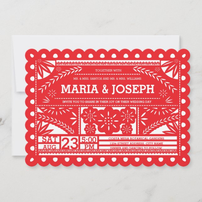 Scalloped Papel Picado Wedding Inve - Red Inbjudningar (Framsida)
