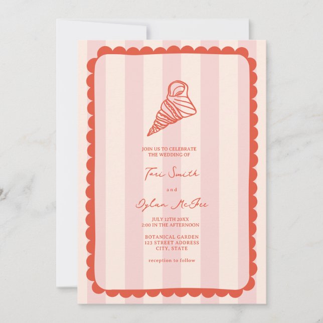 Scalloped Pink Stripe Tropical Wedding Inbjudningar (Framsida)