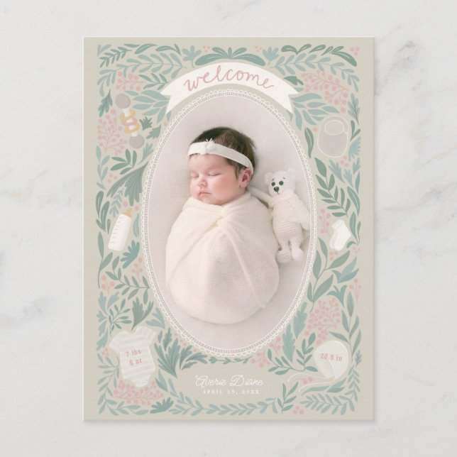 Scalloped ram med leafy surround & baby sak vykort (Framsida)