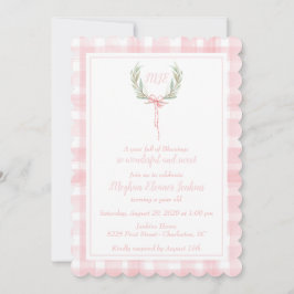 Scalloped Rosa Gingham Laurel Vapensköld Monogram Inbjudningar