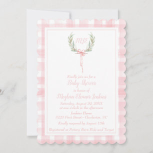 Scalloped Rosa Gingham Laurel Vapensköld Monogram Inbjudningar