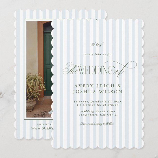 Scalloped Sage Green & Blue Stripes Classy Wedding Inbjudningar (Fram/baksida)