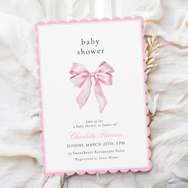 Scallopped Pink Bow Baby Shower Invitation Inbjudningar (Skapare uppladdad)