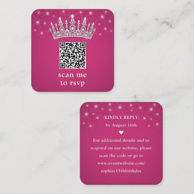 Scan Me QR RSVP Quinceañera Crown Fuschia Pink Tilläggskort (Fram/baksida)