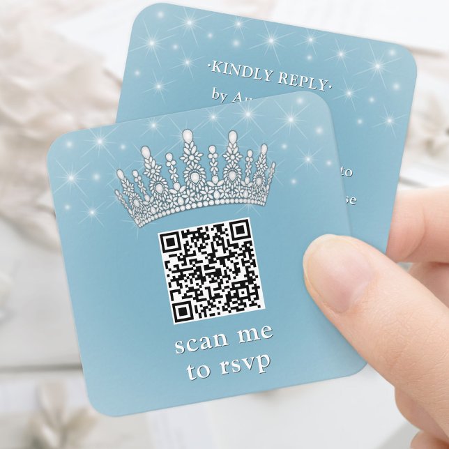 Scan Me QR RSVP Quinceañera Crown Light Blue Tilläggskort (Skapare uppladdad)