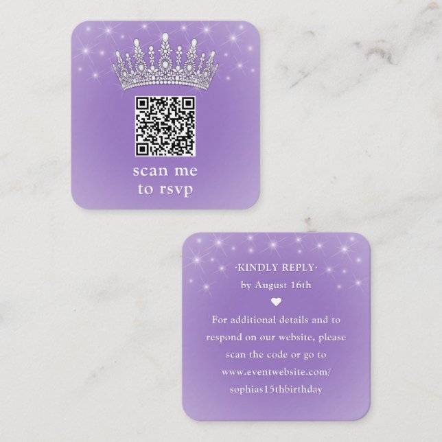 Scan Me QR RSVP Quinceañera Crown Lilac Purple Tilläggskort (Fram/baksida)