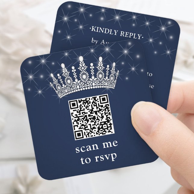 Scan Me RSVP QR Code Quinceañera Crown Navy Blue Tilläggskort (Skapare uppladdad)
