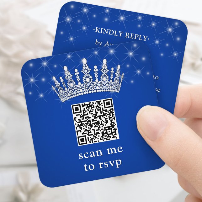 Scan Me RSVP QR Code Quinceañera Crown Royal Blue Tilläggskort (Skapare uppladdad)