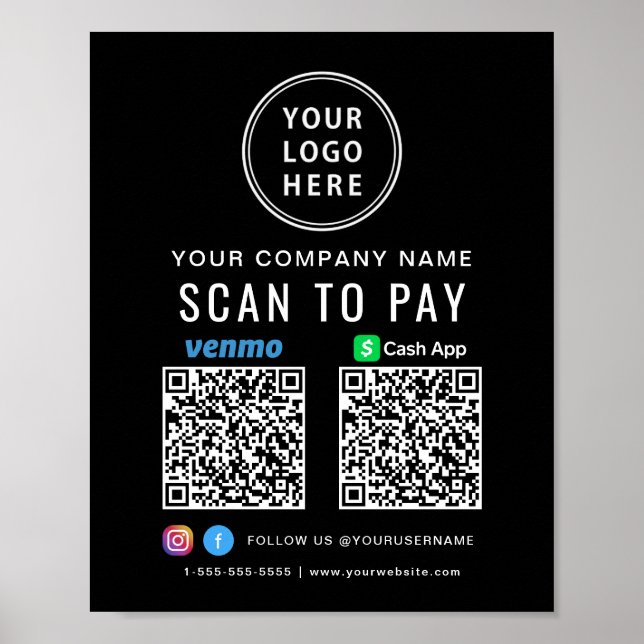 Scan to Pay Logo CashApp Venmo QR-koder Svart Poster (Framsidan)