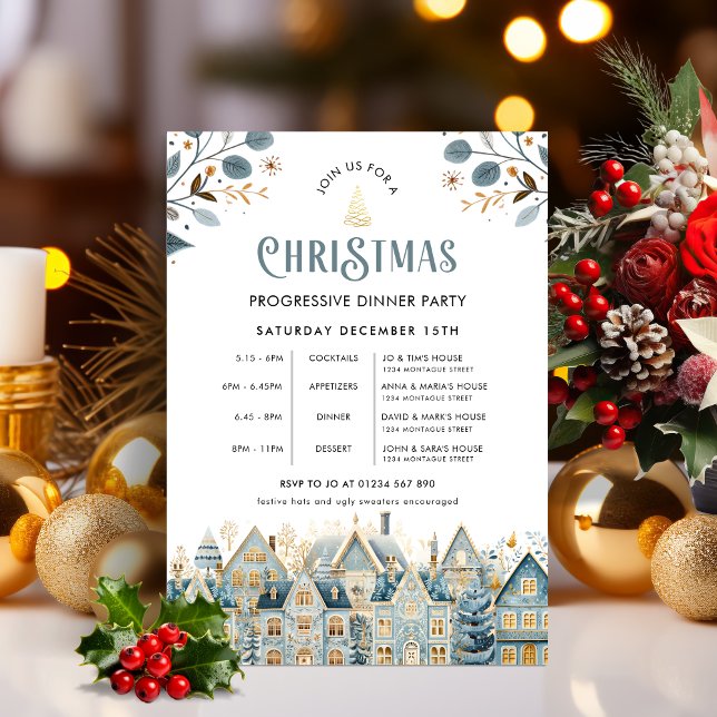 Scandi Blue Progressive Christmas Dinner Party Inbjudningar (Progressive Dinner Invitation )