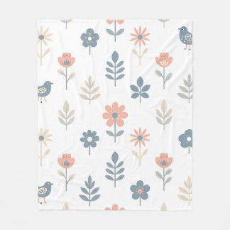 Scandi Folk Flowers Birds Pattern Fleecefilt