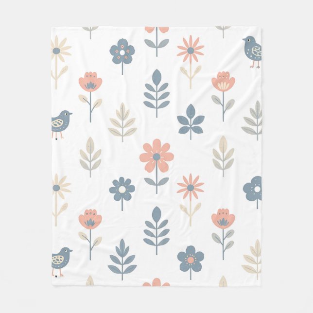 Scandi Folk Flowers Birds Pattern Fleecefilt (Framsidan)
