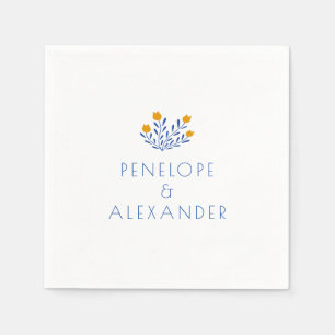 Scandi Folk Flowers Blue Gult Personligt bröllp Pappersservett