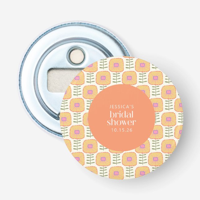 Scandi gul orange blomma anpassad bröllopsdusch flasköppnare (Framsidan)