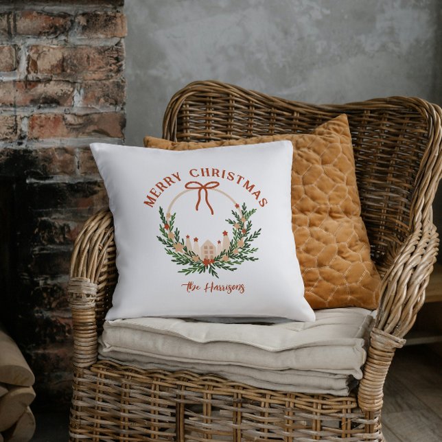 Scandi Krans God Jul Personlig  Kudde (Seasonal Merry Christmas Personalized Throw Pillow)