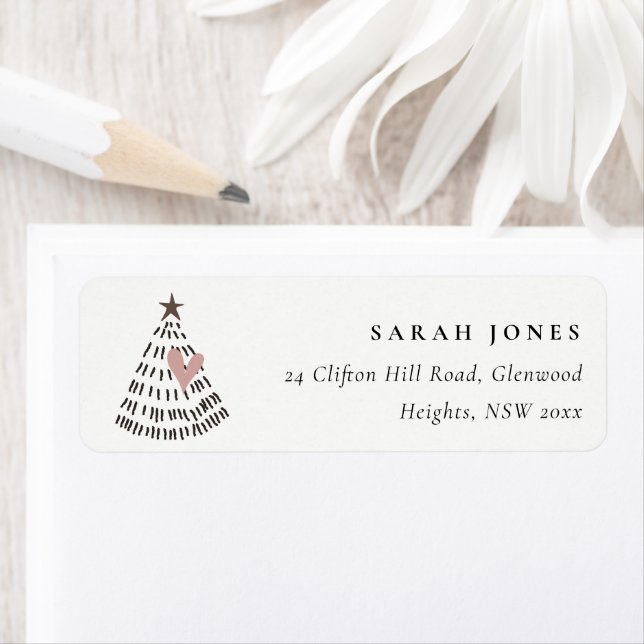 Scandi Minimal Blush Heart Christmas Tree Address Returadress Etikett (Insitu)