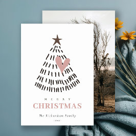Scandi Minimal Blush Heart Christmas Tree Photo Julkort