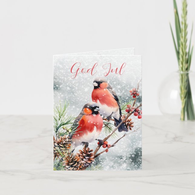 Scandi Norska Gud Jul Julefugl Kottar Röda Bär Helgkort (Framsida)