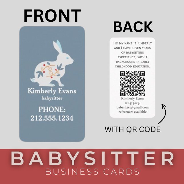 SCANDI Rabbit Blommigt Navy Babywatch QR-kod Visitkort (SCANDI Bunny Rabbit Floral Navy Babysitter Business Cards )