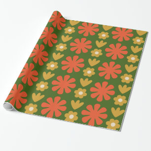 Scandi Retro Blommönster Grönt Orange Ochre Presentpapper
