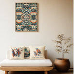 Scandinavian Art Deco Poster<br><div class="desc">Denna fantastiska poster har en unik Scandinavian Art Deco-design som blandar den sofistikerade geometrin i Art Deco-eran med de varma, folkinspirerade formerna av nordisk design. Den rik färg-paletten med djup marin, jordnära orange och mjuk kräm skapar ett vackert och tidlöst biet av konst som kan vara en brännpunkt i vilket...</div>