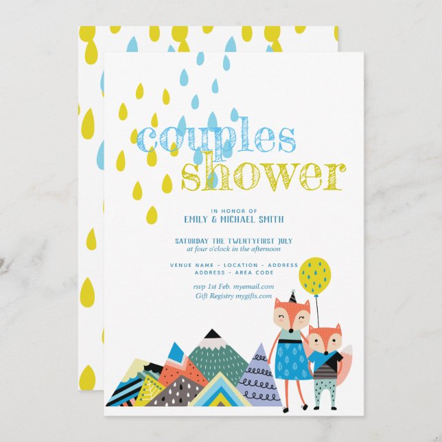 Scandinavian Art Par Shower Inbjudningskort Folfox (Fram/baksida)
