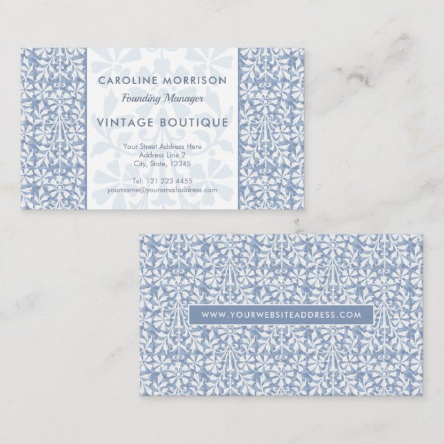 Scandinavian Blue and White Floral Elegant Visitkort (Fram/baksida)