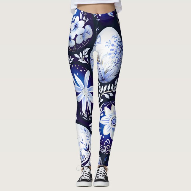 Scandinavian Blue Easter Egg Spring Floral Leggings (Framsida)
